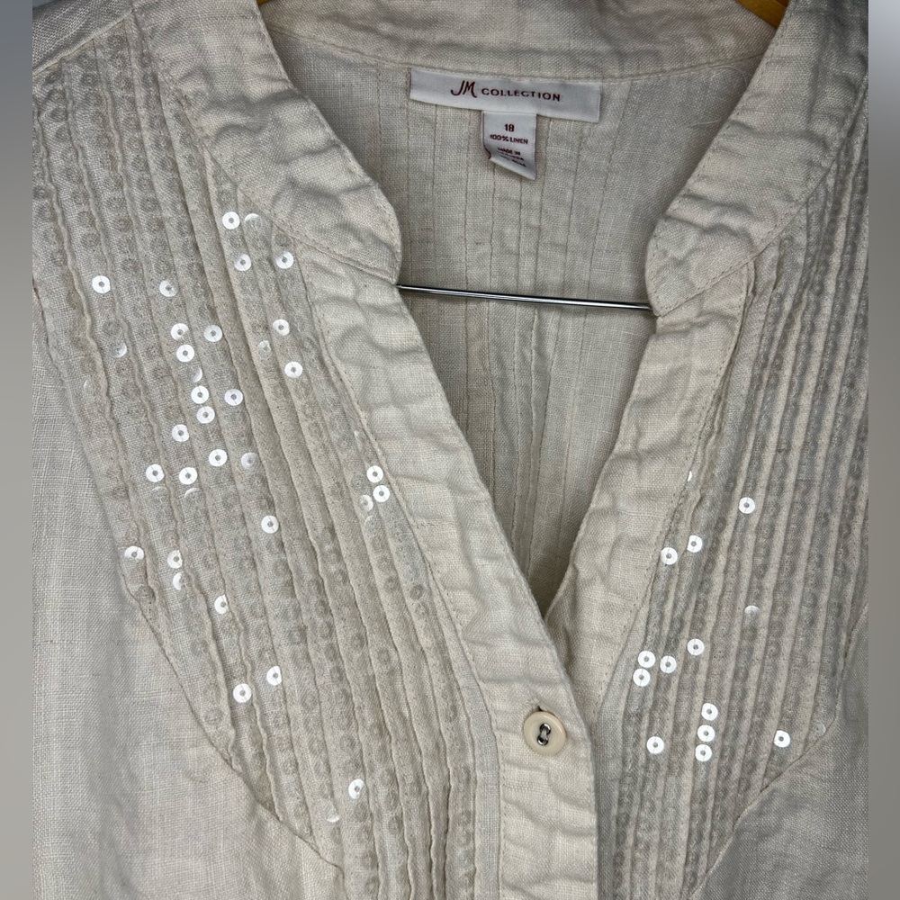 JM Collection Cream Sequin Pintuck Button-Front Blouse